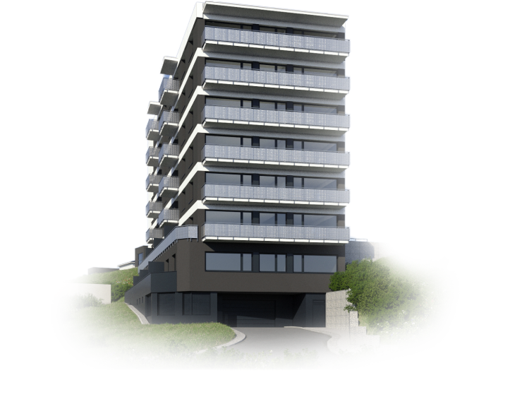 Bočný pohľad na bytový dom so zvýraznením poschodí